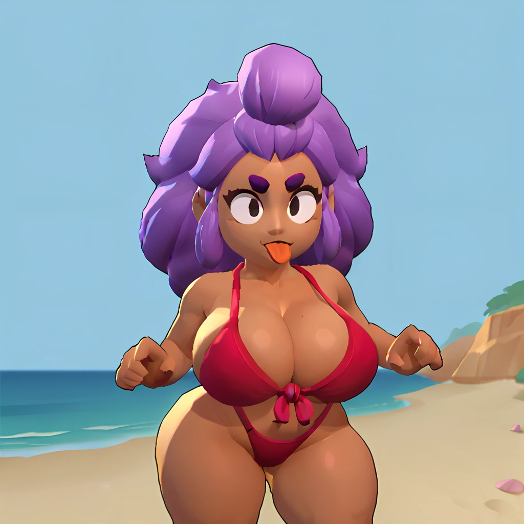 1girl,solo_female,red bikini with white dots,long purple hair,dark skin,black eyes and eyebrows,thick thighs, big breasts, beach, ocean, sticking out tongue, giant breasts, extra thick thighs