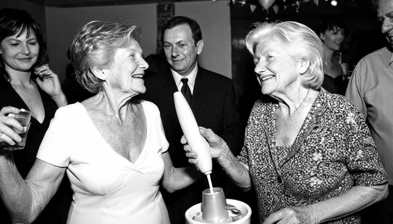 taken with a Holga 120n black and white film Ilford hp5, film grain, Blurred image, light leaks, vignetting, Wrong framing of the photo, direct flash, Drunk seniors at a fetish party. Two grannies in the foreground go at each other with vibrators.