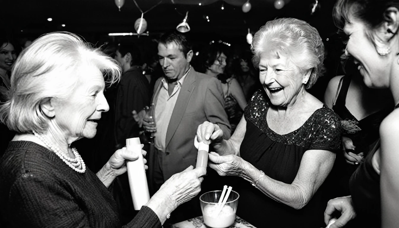 taken with a Holga 120n black and white film Ilford hp5, film grain, Blurred image, light leaks, vignetting, Wrong framing of the photo, direct flash, Drunk seniors at a fetish party. Two grannies in the foreground go at each other with vibrators.