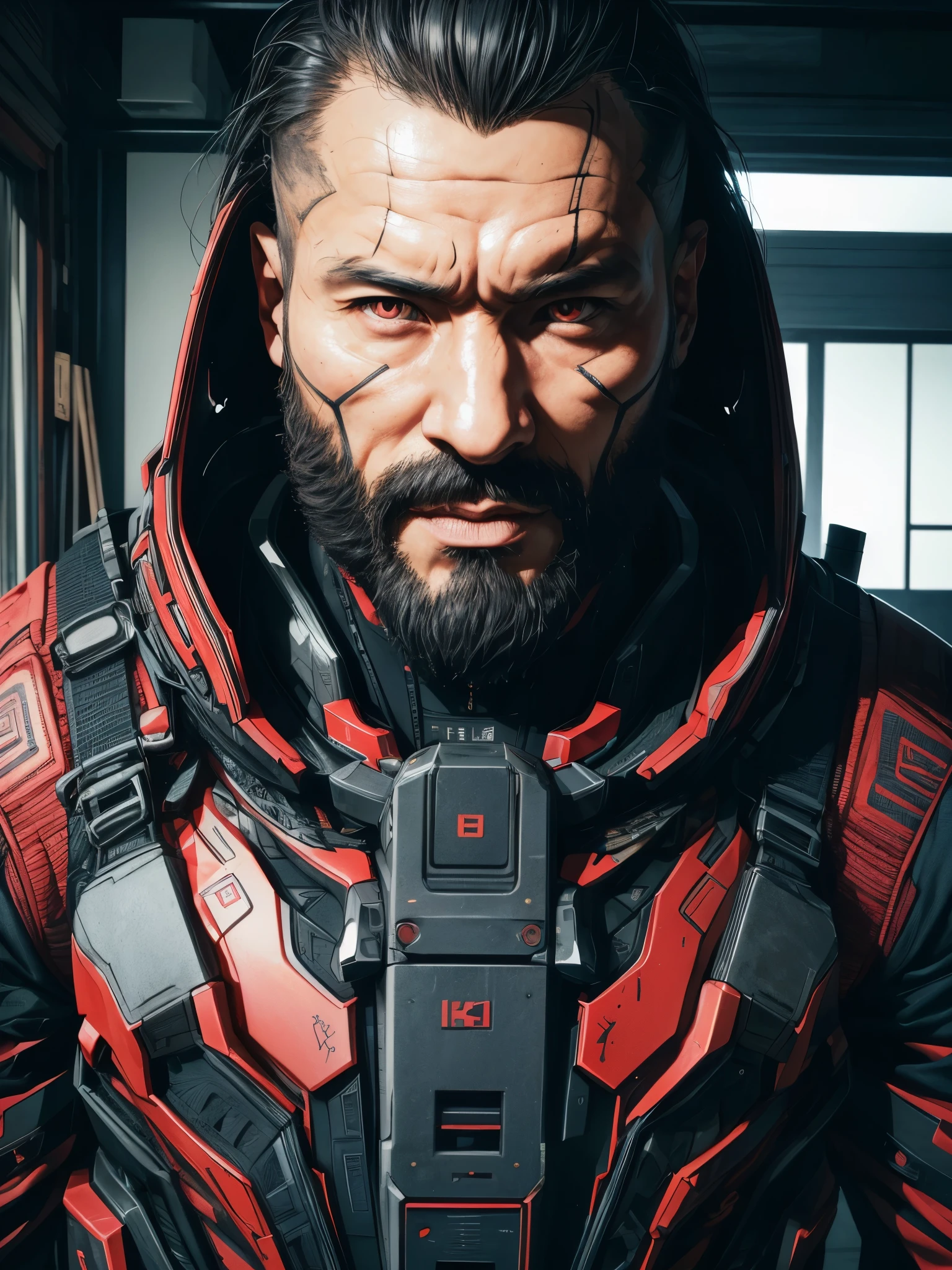 A 50-year-old Japanese man with a frightening appearance, (Eyes red 5.5), full beard, wearing military technological metal suits, highly detailed and expressive face, (best qualityer,4K,8k,high resolution,work of art:1.2),ultra detali,(realisitic,photorealisitic,photo-realisitic:1.37),portraite,conceptual artwork,dramatic lighting,bright coloured,details Intricate, (Avoid deformed and poorly designed eyes)