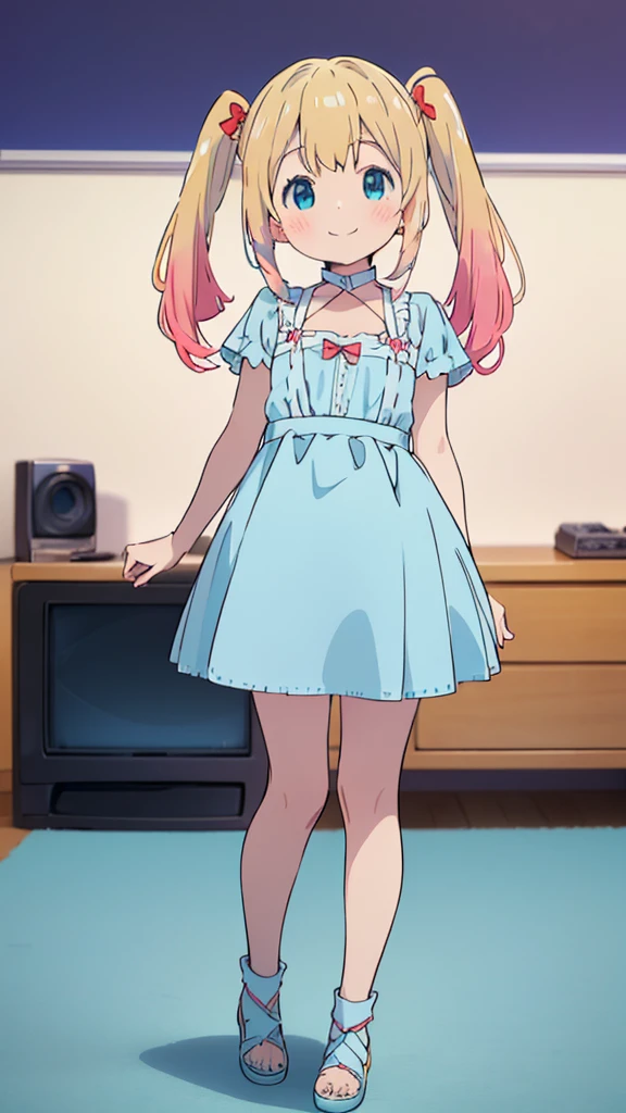 ((masterpiece))((Highest quality))girl、smile、blush、Flat Chest、Are thin、Blonde Hair、blush、Are standing、Whole body image、Eye level to the feet、front、No background、真frontのアングル、Blue clothes、Two-tone red and blue hair、Twin tails、Red Alice outfit