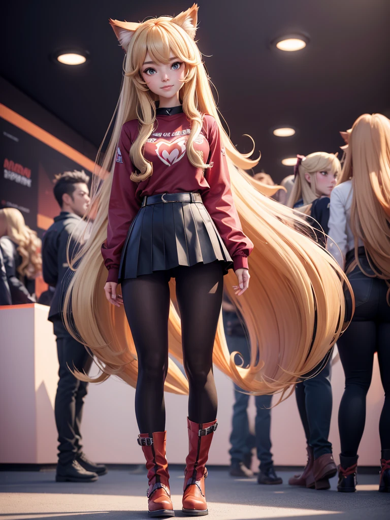 a woman in a red shirt and boots standing in front of a crowd, beautiful anime catgirl, anime girl with long hair, anime girl, an anime girl, (anime girl), cute anime catgirl, anime catgirl, beautiful anime girl, holo if a wolf girl, holo is a wolf girl, cute anime girl, blonde anime girl with long hair