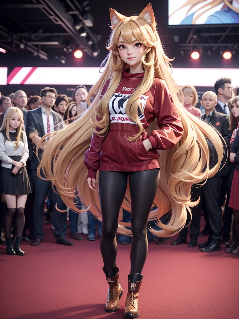 a woman in a red shirt and boots standing in front of a crowd, beautiful anime catgirl, anime girl with long hair, anime girl, an anime girl, (anime girl), cute anime catgirl, anime catgirl, beautiful anime girl, holo if a wolf girl, holo is a wolf girl, cute anime girl, blonde anime girl with long hair