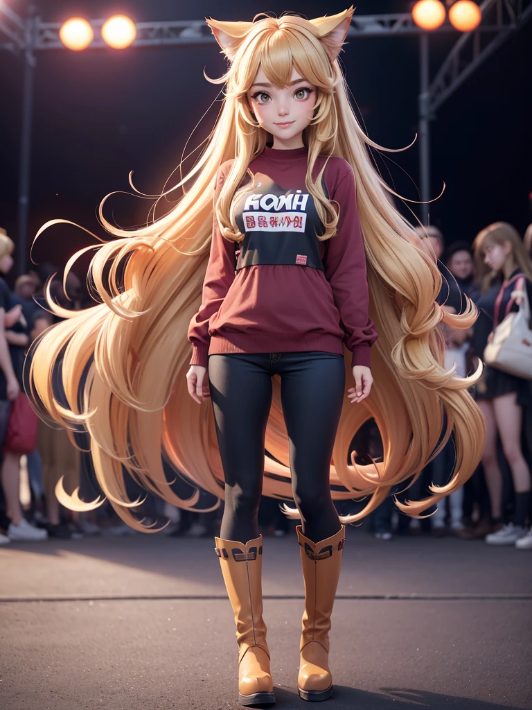 a woman in a red shirt and boots standing in front of a crowd, beautiful anime catgirl, anime girl with long hair, anime girl, an anime girl, (anime girl), cute anime catgirl, anime catgirl, beautiful anime girl, holo if a wolf girl, holo is a wolf girl, cute anime girl, blonde anime girl with long hair