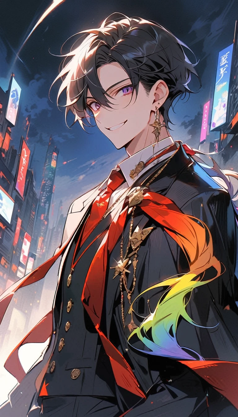 good looking, alone, 1 male, short hair, Smile Facial,1. Boy with black and purple hair, Moderate height, Slim body, Long coat, Black lining,good looking, short hair, Black Hair, Rainbow Hair, Purple eyes, 先端がスモーキーグレーのBlack Hair, smoking, Black light,smile、, Bright, sharp eyes illuminate the scene,uniform,Fewer accessories,whole body,Background white,(masterpiece, Highest quality), Yishang_edge, Default_Costume, One boy, alone, Red tie, Black jacket, Black vest, Jacket on shoulders, White shirt, Collared shirt, Black trousers, View your viewers, city, night, knife,紫色に光るknife身,View your viewers, city, night, From below,Lots of cool accessories