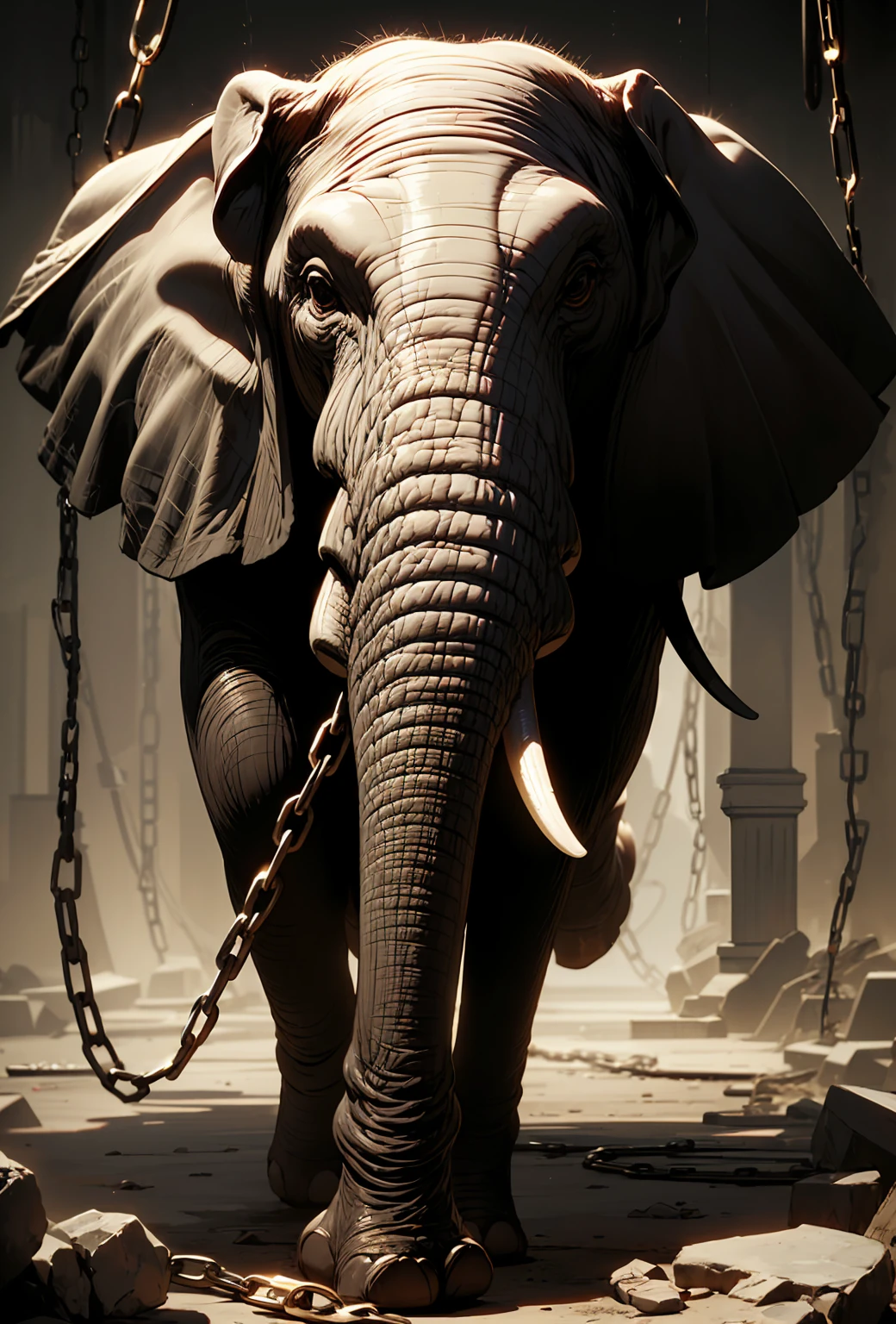 Masterpiece, Best Quality, high resolution, chained elephant , wild elephant, breaking the chains