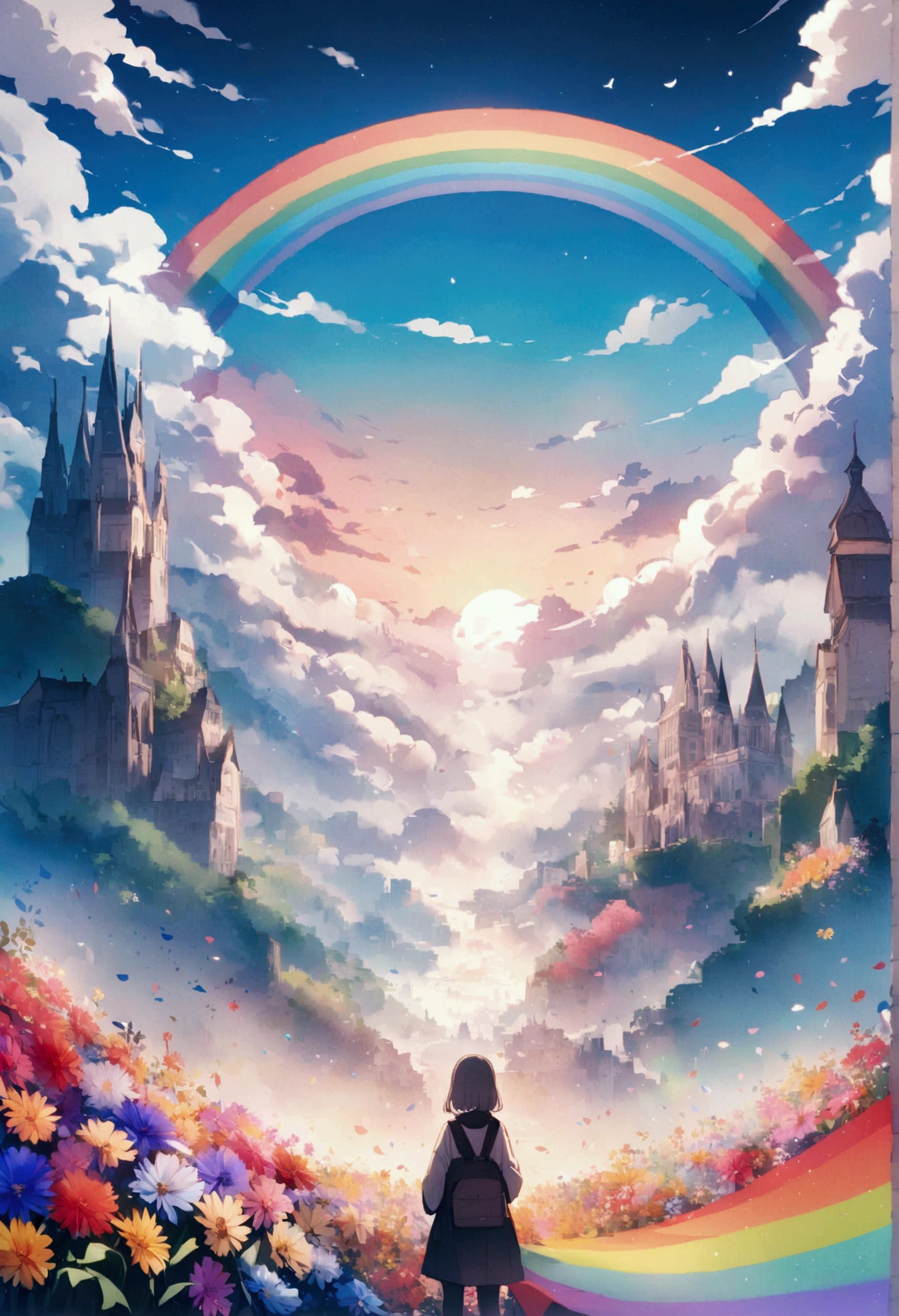 ファイナルファンタジーthe world of, An empty rainbow-colored flower field, Each petal is rainbow colored, Very beautiful scenery, 光the world of, heaven, god々the world of, The most beautiful images, Highest quality, 8k.People are not needed