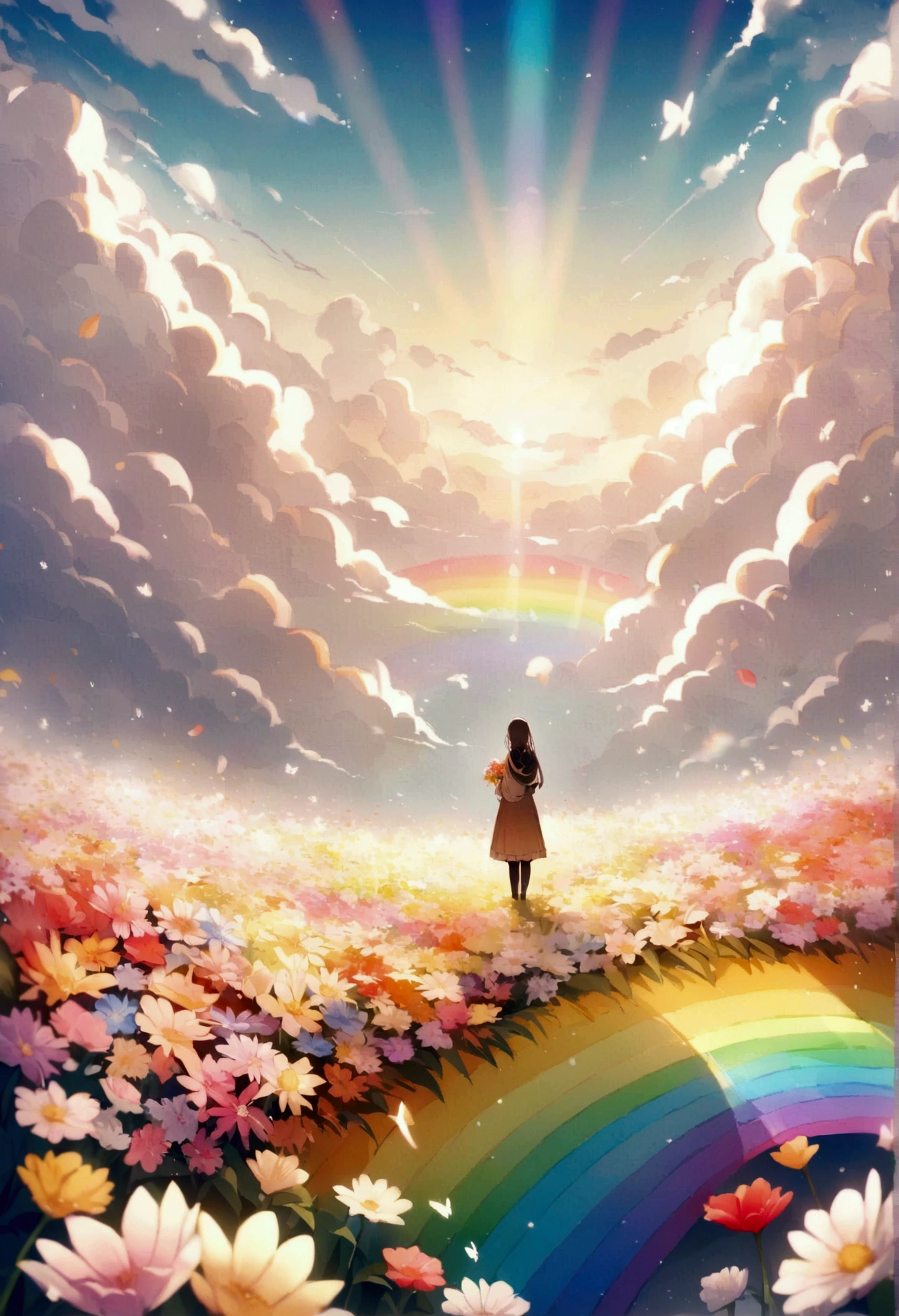 ファイナルファンタジーthe world of, An empty rainbow-colored flower field, Each petal is rainbow colored, Very beautiful scenery, 光the world of, heaven, god々the world of, The most beautiful images, Highest quality, 8k.People are not needed
