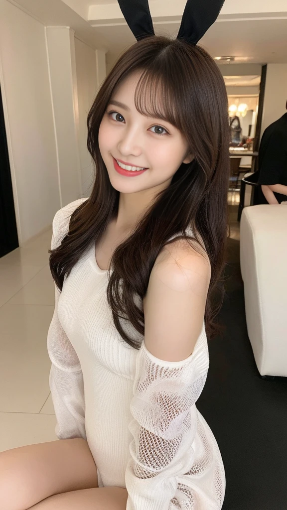 (8k、Bunny Suit、Sexy Bunny Girl、leotard、A refreshing smile、Highest quality、high resolution、masterpiece:1.2)、One woman、Laughter、Grin、Luxury、Night view、Fishnet tights、Look at me、Japan 19 years old、Female college student、Portrait、Ultra-detailed、Highest quality、Ultra-high resolution、(Realistic、Photorealistic:1.4)、Dark brown hair、Semi-long hair、Dark brown eyes、Whole Body Ezbian、Thin face、Rabbit chest、Observe your audience、Beautiful and detailed、Skin Texture、Narrow waist、Beautiful feet