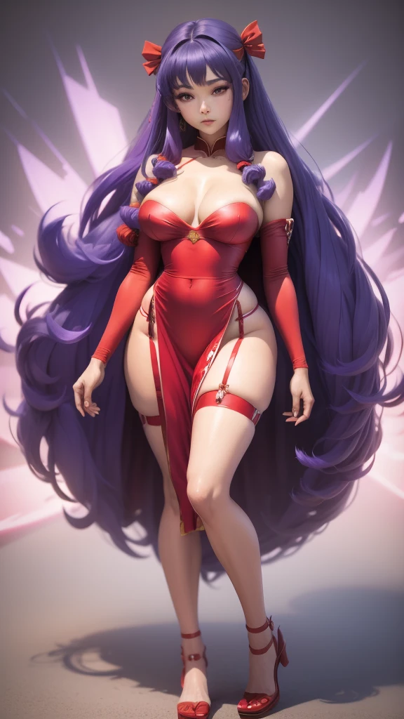 Shampoo beautiful in her red dress and garters Asian with big breasts and big hips small waist full body purple hair very close to her screen 