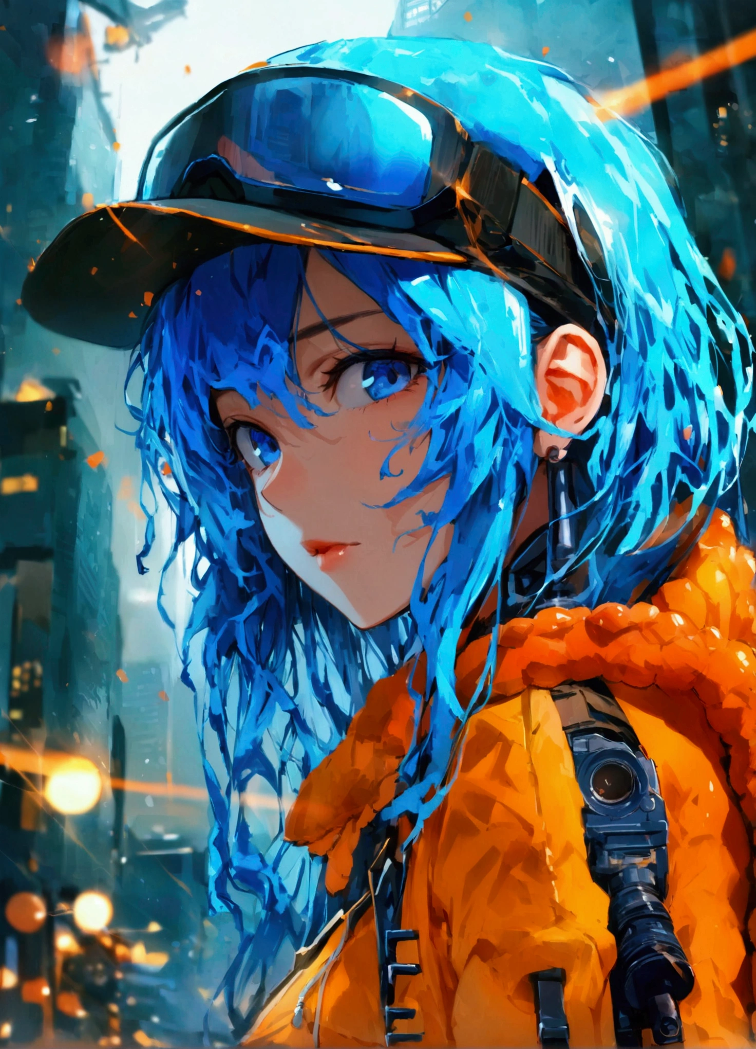(Ultra-high resolution), (masterpiece), (Attention to detail), (high quality), (最high quality) , th, blue hair, tentacle hair, blue eyes, long hair, hat, bracelet, tentacles, 1 girl, alone, (Sniper), Sniperライフル, Urban Background, skyscraper, (Sniper pose),