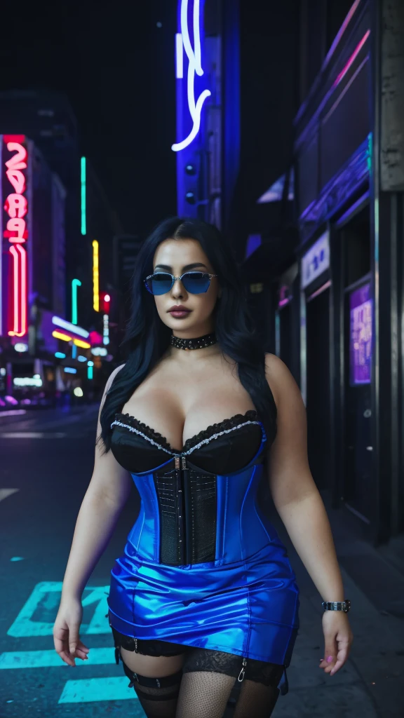 A beautiful chubby woman in a dress and sunglasses walking down a city street, cyberpunk art, by Ni Yuanlu, gothic art, portrait of alice in wonderland, ( waitress ) girl, blue corset, blonde girl in a cosmic dress, fantastic background of cyberpunk industrial city, neon glow, cyberpunk details, atmospheric contrasts, kerem beyit, john watkiss, solo portrait, 