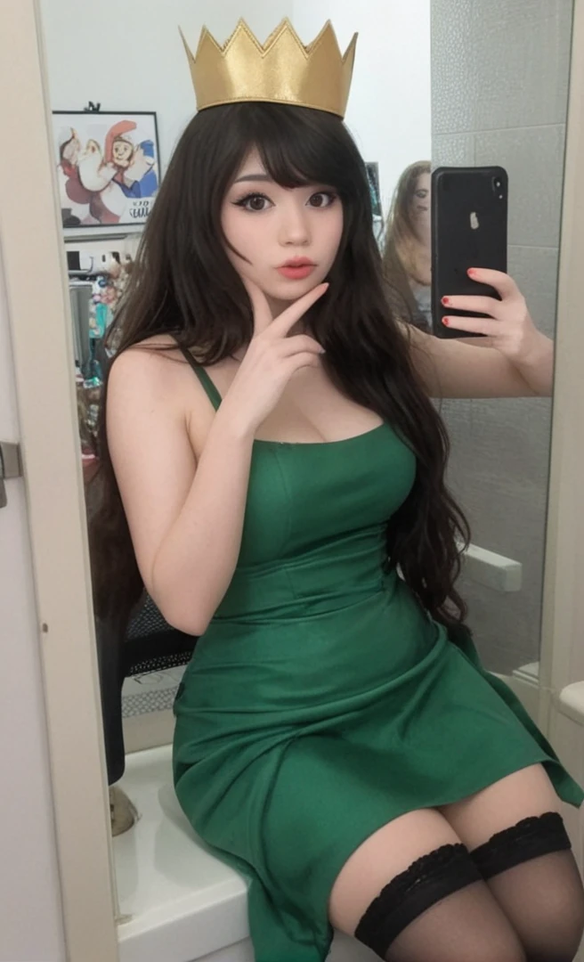 woman taking selfie in green dress in bathroom mirror, she has a jiggly fat round belly, her belly is fat and round, girl fat, obese body, bigger belly, bigger ass, bigger breast, large thighs, wide hips, sexy, sittings, eating hamburgers, hamburguers, , stockings, laboratory, sittings, eating hamburgers, hamburguers, (Masterpiece:1.2), best quality, high resolution, beautifully detailed, extremely detailed, perfect lighting, thicc, thick body, in a dress, she is about 20 years old, beautiful thick female, full body green dress
