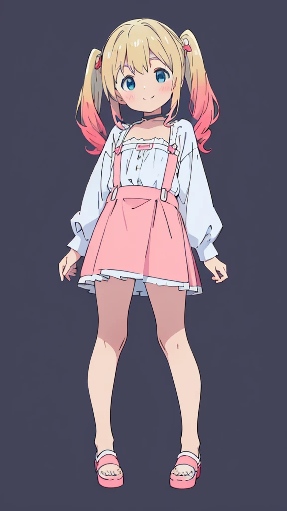 ((masterpiece))((Highest quality))girl、smile、blush、Flat Chest、Are thin、Blonde Hair、blush、Are standing、Whole body image、Eye level to the feet、front、No background、真frontのアングル、Blue clothes、Two-tone red and blue hair、Twin tails、Red Alice outfit