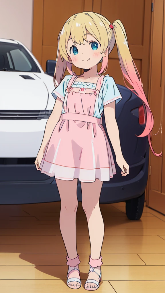 ((masterpiece))((Highest quality))girl、smile、blush、Flat Chest、Are thin、Blonde Hair、blush、Are standing、Whole body image、Eye level to the feet、front、No background、真frontのアングル、Blue clothes、Two-tone red and blue hair、Twin tails、Red Alice outfit