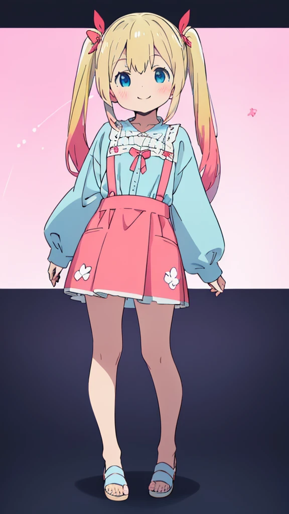 ((masterpiece))((Highest quality))girl、smile、blush、Flat Chest、Are thin、Blonde Hair、blush、Are standing、Whole body image、Eye level to the feet、front、No background、真frontのアングル、Blue clothes、Two-tone red and blue hair、Twin tails、Red Alice outfit