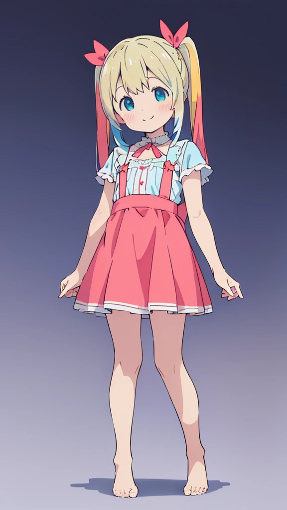 ((masterpiece))((Highest quality))girl、smile、blush、Flat Chest、Are thin、Blonde Hair、blush、Are standing、Whole body image、Eye level to the feet、front、No background、真frontのアングル、Blue clothes、Two-tone red and blue hair、Twin tails、Red Alice outfit