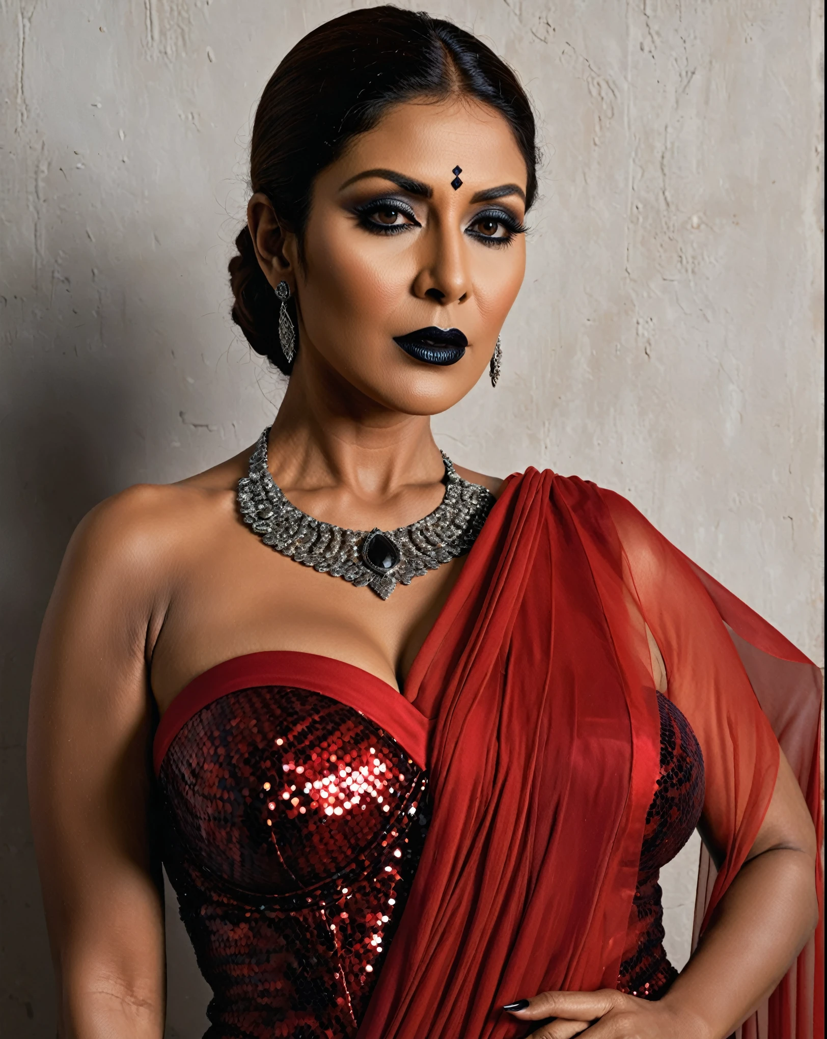 Looks like Nayanthara, milf, cougar lady witch, horny Gothic milf, 50 years old gorgeous mature lady, pervert demoness, demoness of lust, curvy, black lips, horny face, extremely gorgeous, thick figure, heavy physique, voluptuous, curvy, sexy figure, Fashionable portrait of androgynous alien looking witch wearing veil, glowing eyes, futuristic design, minimal details, givenchy, photoreal, 200mm, hd, f/ 2.0, highly detailed, surreal, sexy beautiful evil woman, sexy bold sequin Saree with strapless Bra, chudail, Pishachini, horror genre, blood-thirsty enchantress, powerful female spirit, eerie, drop dead, in the style of red and blue, (intricate details, hyperdetailed:1.15) (skin texture:1.2), dark Moody tone, cinematic lighting, haunted place in background,