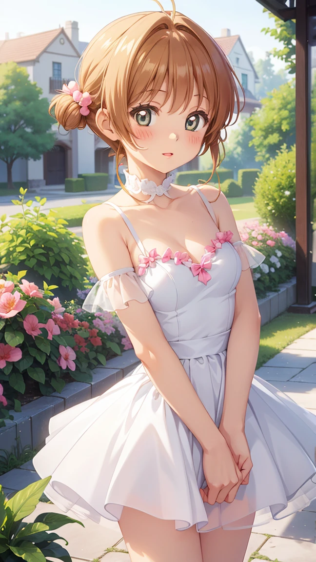 masterpiece, best quality, highres, 1girl, detailed face, blush, anime CG style, (medium breasts), (18 year old girl:1.3), (aged up), good lighting, perfect body, sakura kinomoto, glossy lips, looking at viewer, garden, tutu, (see-through:0.9)