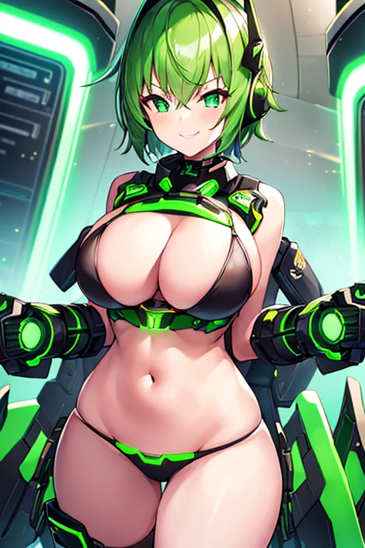 1girl, large breasts, breasts, wide hips, green hair, highleg bikini, bikini, black bikini, smirk, smile, futuristic, science-fiction, tech, neon trim, machinery, short hair, headset, helmet, head-mounted device, mind control, hypnosis, covered eyes