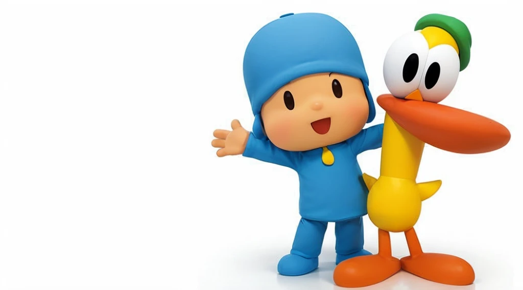 Draw the Pocoyo cartoon characters exactly as they are. Include Pocoyo, Elly, Pato, Loula and Sleepy Bird. Make sure all characters are in their iconic cartoon colors, shapes, and costumes. Keep the art style simple and colorful, true to the original character designs.