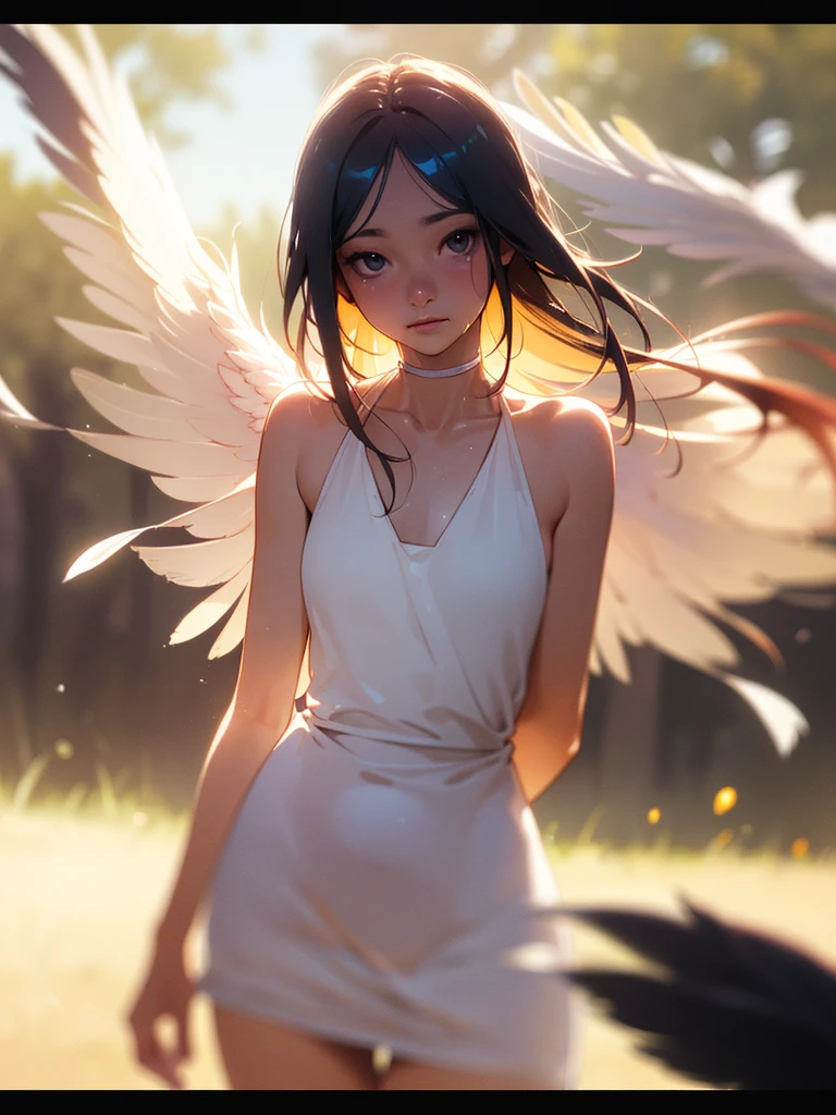 (Sumilux f1.4 24mm , low Latitude old color negative film , cross process , bokeh, flare, chromatic aberration , soft focus, (Shallow focus) , soft glow , Maximum aperture, High Key , Transparent depiction) , Harpy girl , round face , skinny body , sloppy Halter neck  , Many feathers fluttering down , clothed erotica