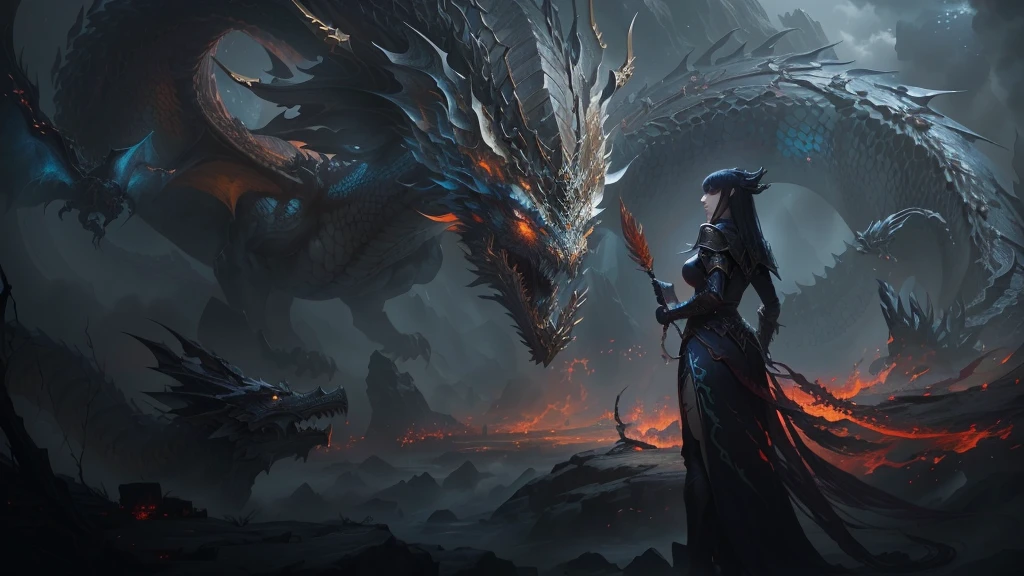 Anime style artwork,A woman holds a stick in front of a dragon, Epic fantasy digital art style, 4K fantasy art, Epic Fantasy Artwork, author:Yang Jie, epic fantasy illustration, dark fantasy style art, detailed fantasy art, dragon queen, epic fantasy game art, movie fantasy painting, epic fantasy art style, dark fantasy artwork