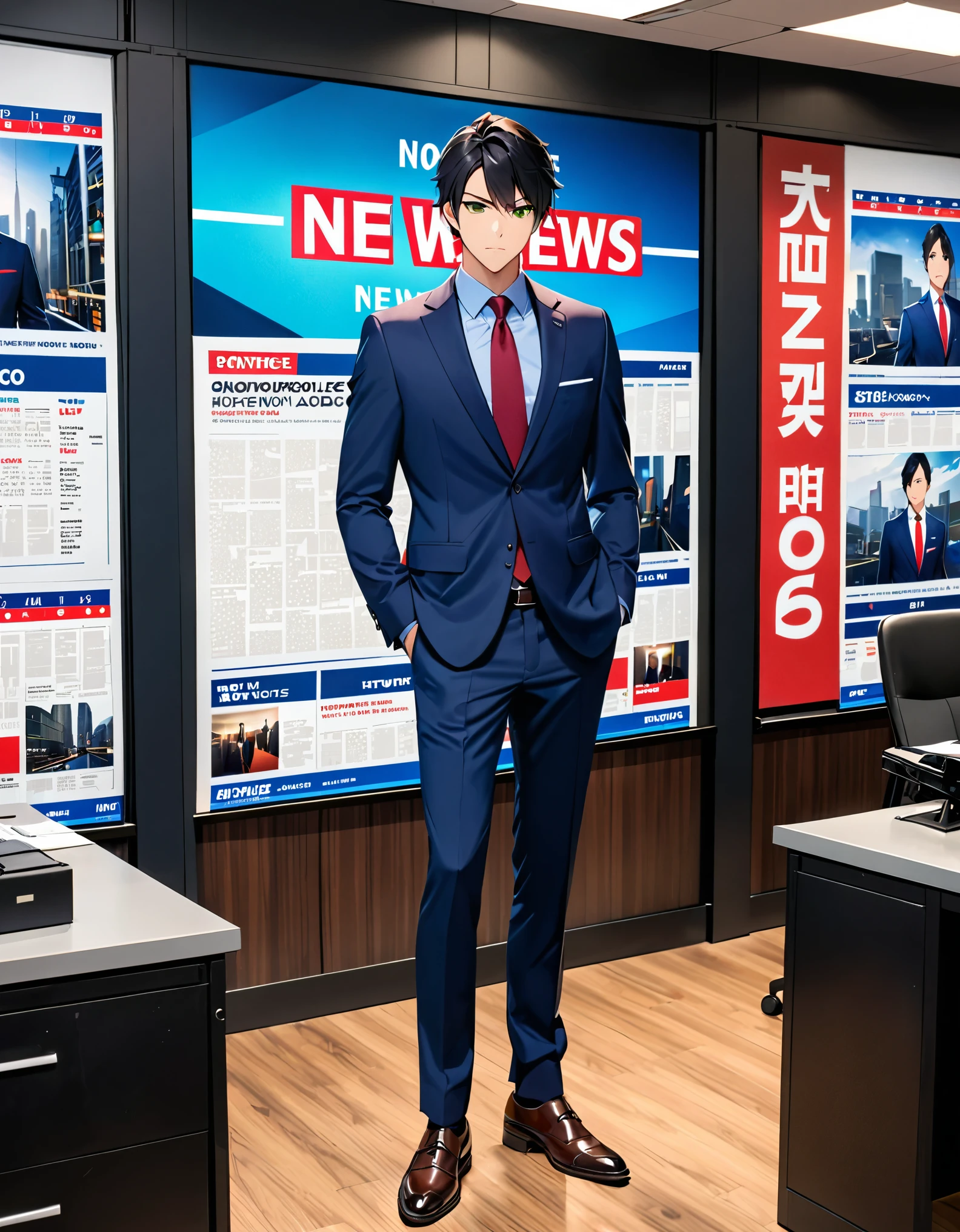 (masterpiece), (best quality), (high res), 1male, male focus, solo, solo focus, serious, black hair, single bang, full body, green eyes, formal, suit, dark blue jacket, red necktie, necktie, dark blue pants, slacks, shirt, hand in pocket, matching shoes. standing, news office backdrop, reporter, journalist. full body costume design. busy atmosphere. workplace lighting.