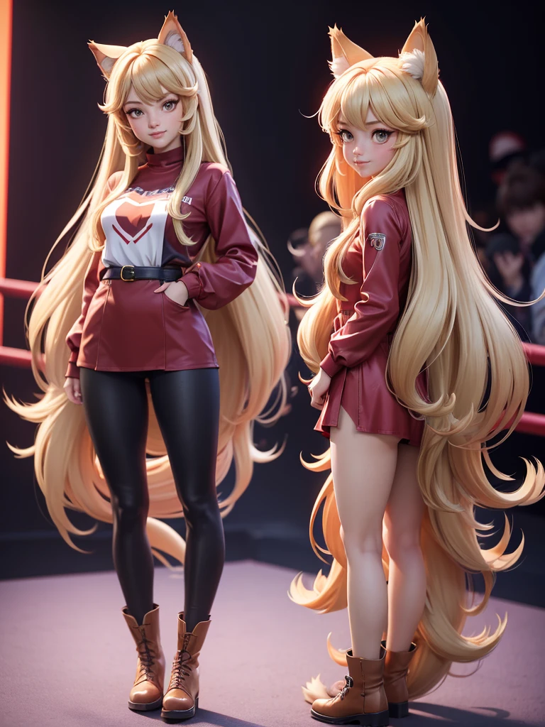 a woman in a long red shirt and boots standing in front of a crowd, beautiful anime catgirl, anime girl with long hair, anime girl, an anime girl, (anime girl), cute anime catgirl, anime catgirl, beautiful anime girl, holo if a wolf girl, holo is a wolf girl, cute anime girl, blonde anime girl with long hair