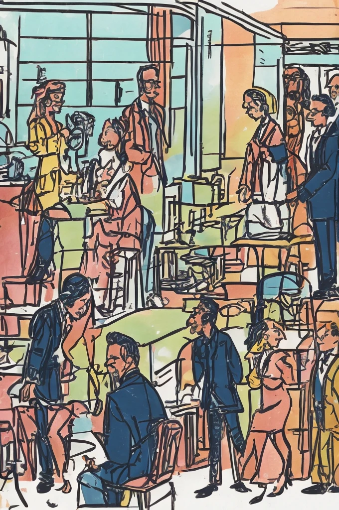 "An illustration of a man and a woman, with the man standing behind the woman and holding her hair. Both characters should be depicted standing, with the woman in front of the man. The style should be a combination of cartoon and caricature, with exaggerated, expressive features. The scene should focus on the interaction between the two characters, with a simple and light background."