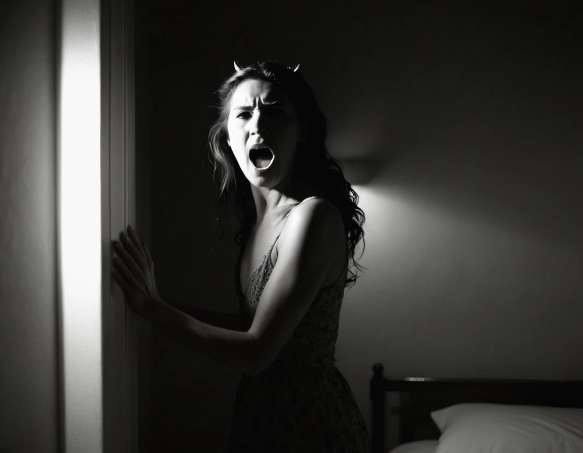 a woman shouting in bed, demon emerging from wall, 35mm, Holga 120N, face out of focus, light leaks, black and white, highres, 8k, cinematic, realistic, chiaroscuro, dramatic lighting, moody, somber, mysterious, unsettling, horror, paranormal, surreal, dark fantasy
