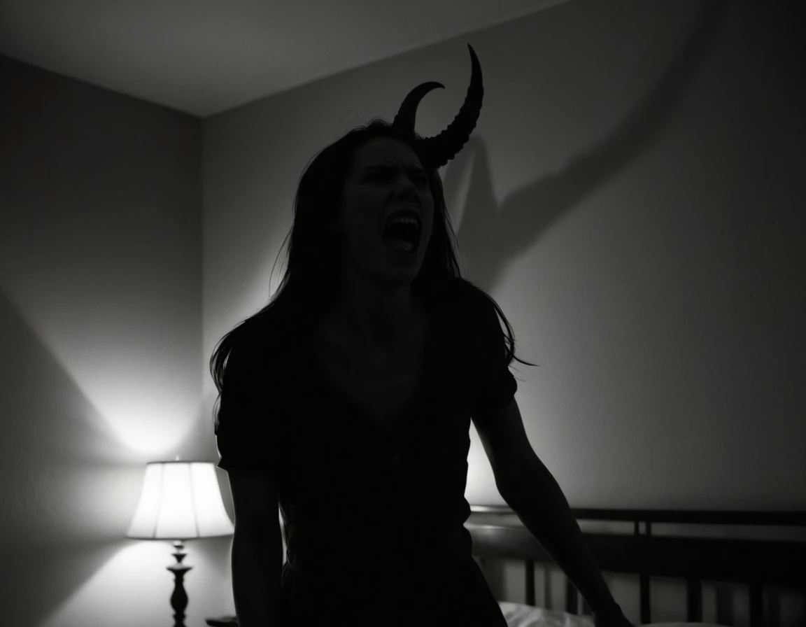 a woman shouting in bed, demon emerging from wall, 35mm, Holga 120N, face out of focus, light leaks, black and white, highres, 8k, cinematic, realistic, chiaroscuro, dramatic lighting, moody, somber, mysterious, unsettling, horror, paranormal, surreal, dark fantasy