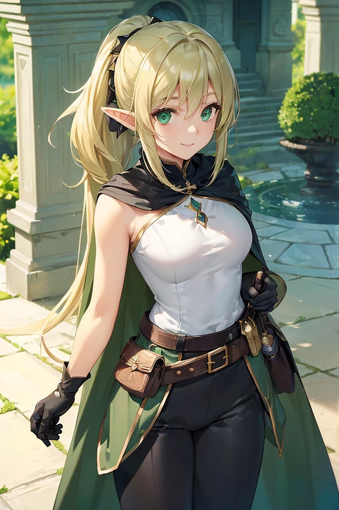(((masterpiece; best quality: 1.2))), (finely detailed eyes: 1.3), (25 year old elf woman), (solo), (green eyes: 1.4), (body; buxom, fit, femenine: 1.3), (silky blonde hair in low ponytail: 1.3), (beautiful and clear background: 1.2), ((depth of field)), (equipment: adventurer attire + modest + long black tunic + black cape + black pants + gloves + belt + pouches: 1.3), (anime illustration: 1.2), (background composition; royal garden: 1.1), (extremely fine and beautiful: 1.1), (shot composition; standing + centered on torso + close-up: 1.5), (expression; calm, smile: 1.2)