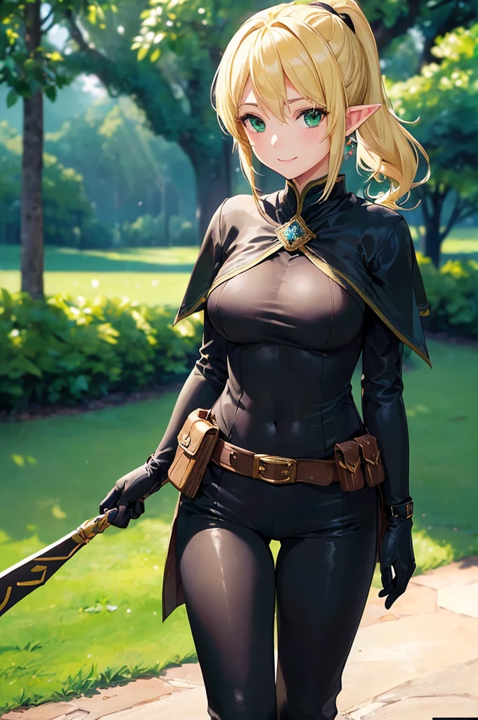 (((masterpiece; best quality: 1.2))), (finely detailed eyes: 1.3), (25 year old elf woman), (solo), (green eyes: 1.4), (body; buxom, fit, femenine: 1.3), (silky blonde hair in low ponytail: 1.3), (beautiful and clear background: 1.2), ((depth of field)), (equipment: adventurer attire + modest + long black tunic + black cape + black pants + gloves + belt + pouches: 1.3), (anime illustration: 1.2), (background composition; royal garden: 1.1), (extremely fine and beautiful: 1.1), (shot composition; standing + centered on torso + close-up: 1.5), (expression; calm, smile: 1.2)