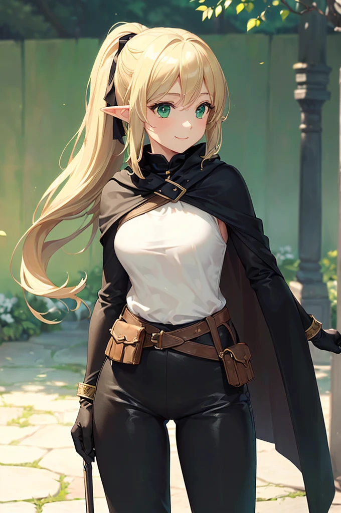 (((masterpiece; best quality: 1.2))), (finely detailed eyes: 1.3), (25 year old elf woman), (solo), (green eyes: 1.4), (body; buxom, fit, femenine: 1.3), (silky blonde hair in low ponytail: 1.3), (beautiful and clear background: 1.2), ((depth of field)), (equipment: adventurer attire + modest + long black tunic + black cape + black pants + gloves + belt + pouches: 1.3), (anime illustration: 1.2), (background composition; royal garden: 1.1), (extremely fine and beautiful: 1.1), (shot composition; standing + centered on torso + close-up: 1.5), (expression; calm, smile: 1.2)