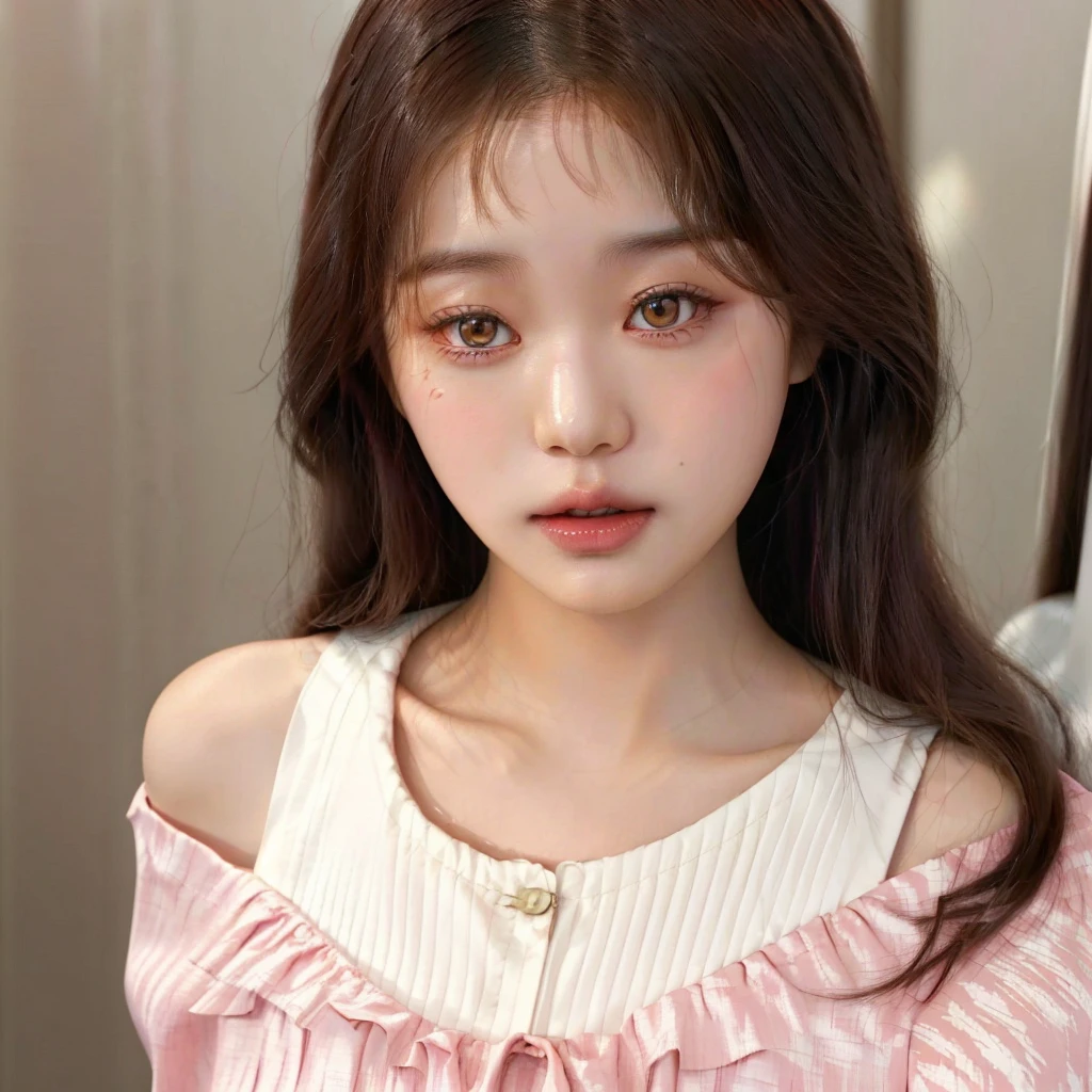 Araffe Asian woman with long hair and pink and white blouse, ulzzang, lalisa manobal, neat hair with bangs, with bangs, young lovely korean face, korean, Linda jovem korean, cute face girl, Jinyoung Shin, with full bangs, Jaeyeon Nam, center-parted bangs, Linda jovem korean