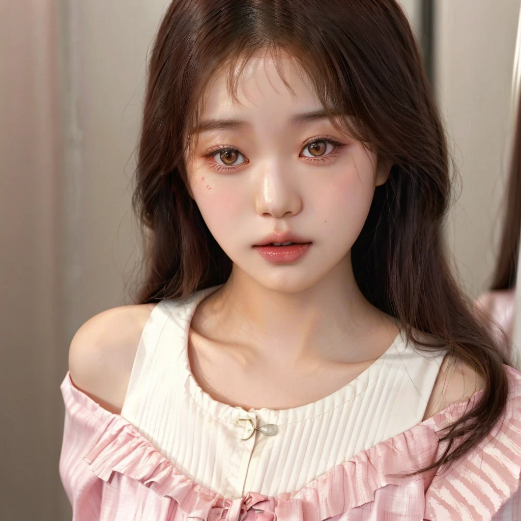 Araffe Asian woman with long hair and pink and white blouse, ulzzang, lalisa manobal, neat hair with bangs, with bangs, young lovely korean face,  korean, Linda jovem korean, cute face girl, Jinyoung Shin, with full bangs, Jaeyeon Nam, center-parted bangs, Linda jovem korean