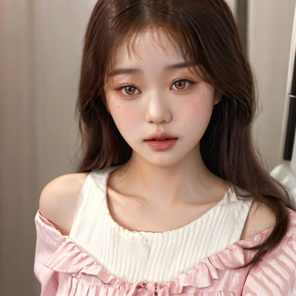 Araffe Asian woman with long hair and pink and white blouse, ulzzang, lalisa manobal, neat hair with bangs, with bangs, young lovely korean face, korean, Linda jovem korean, cute face girl, Jinyoung Shin, with full bangs, Jaeyeon Nam, center-parted bangs, Linda jovem korean