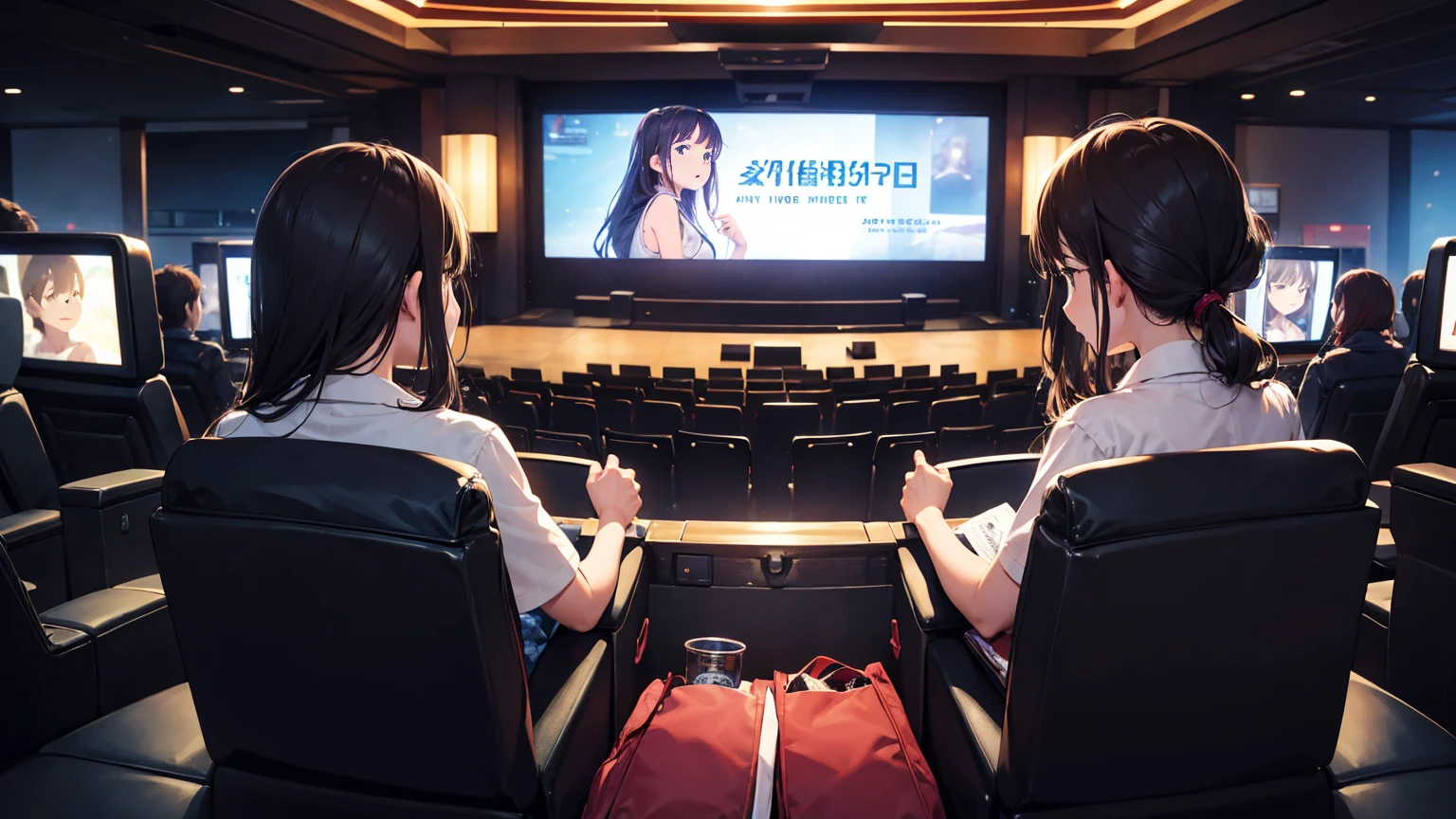 Inside the movie theater、A scene where they are watching a movie from the back seat、The movie of life is playing on the screen