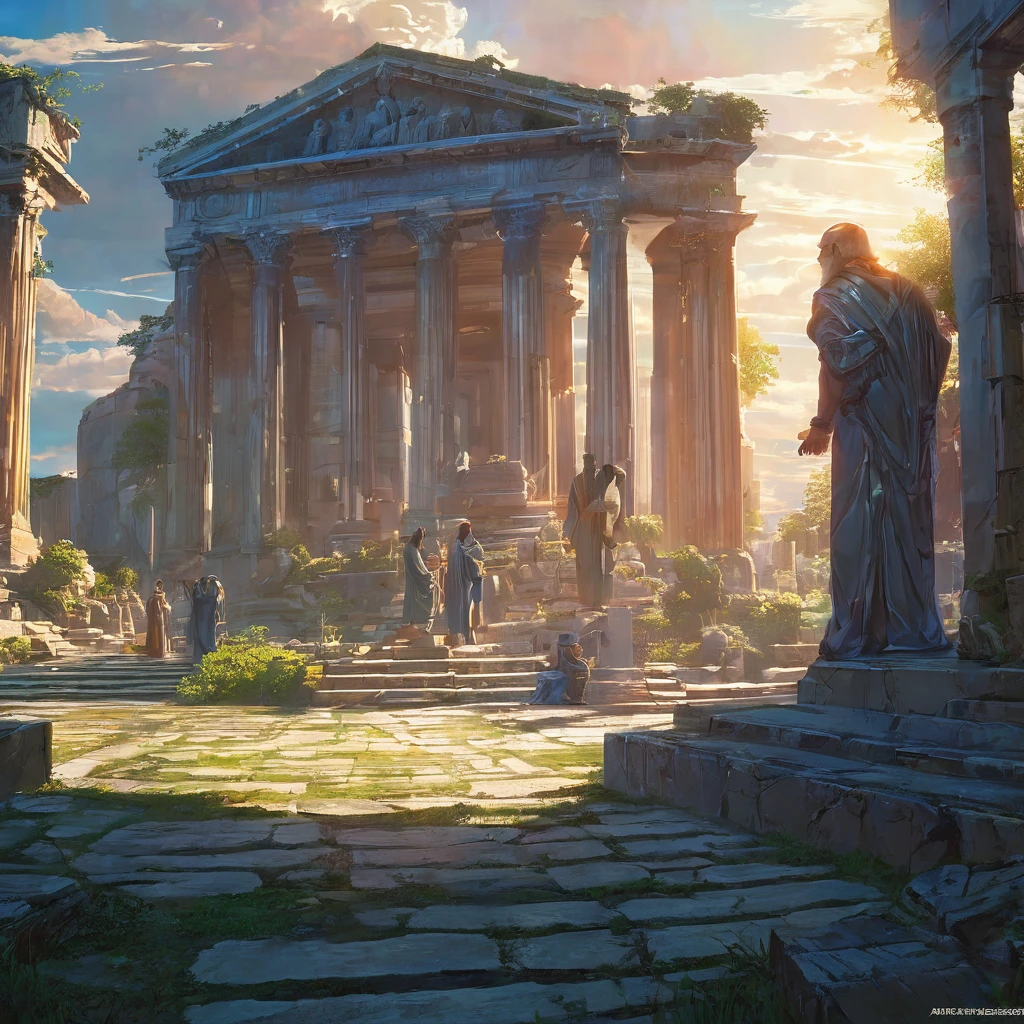 plato arguing with diogenes on the necropolis, by dan mumford, yusuke murata, makoto shinkai, ross tran, cosmic, heavenly, god rays, intricate detail, cinematic, 8 k, cel shaded, unreal engine, featured on artstation, pixiv
