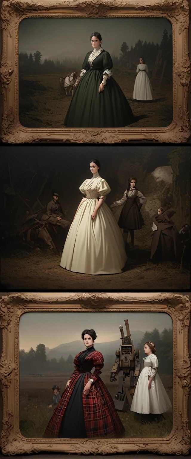 There is a woman standing next to the robot in the field, italian fashion, tartan clothing, animation, Scott Robertson, Two models in the framework, victorian era photos, two women, warrior