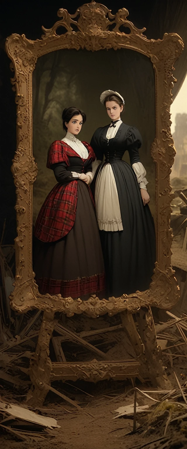 There is a woman standing next to the robot in the field, italian fashion, tartan clothing, animation, Scott Robertson, Two models in the framework, victorian era photos, two women, warrior