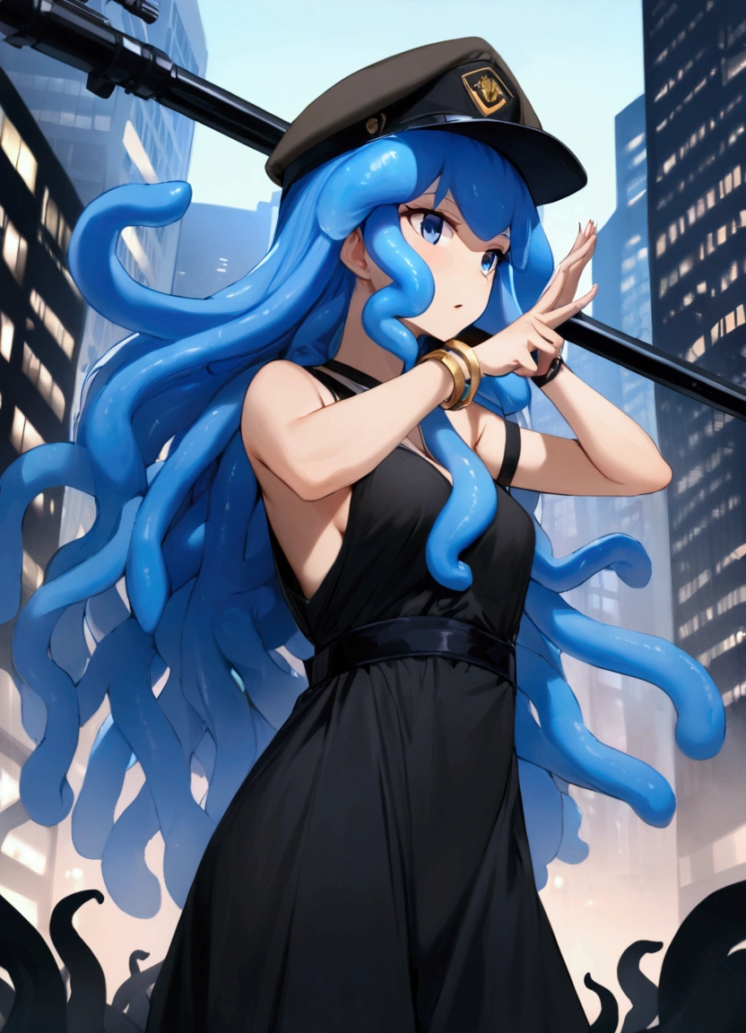 (Ultra-high resolution), (masterpiece), (Attention to detail), (high quality), (最high quality) , th, blue hair, tentacle hair, blue eyes, long hair, hat, bracelet, tentacles, 1 girl, alone, (Sniper), Sniperライフル, Urban Background, skyscraper, (Sniper pose),