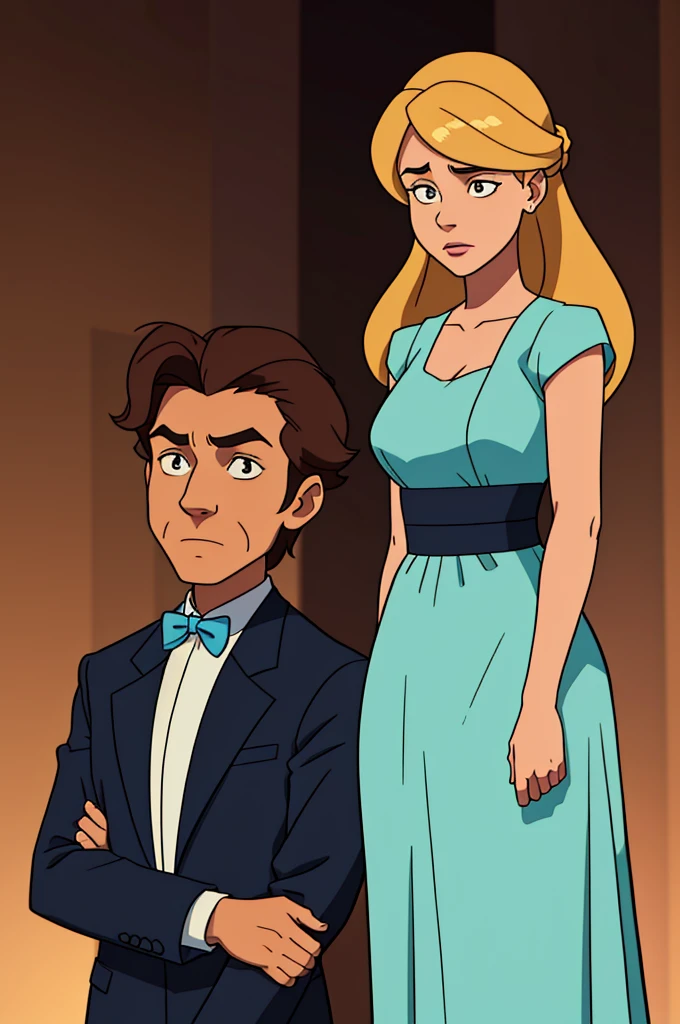 "An illustration of a man and a woman, with the man standing behind the woman and holding her hair. Both characters should be depicted standing, with the woman in front of the man. The style should be a combination of cartoon and caricature, with exaggerated, expressive features. The scene should focus on the interaction between the two characters, with a simple and light background."