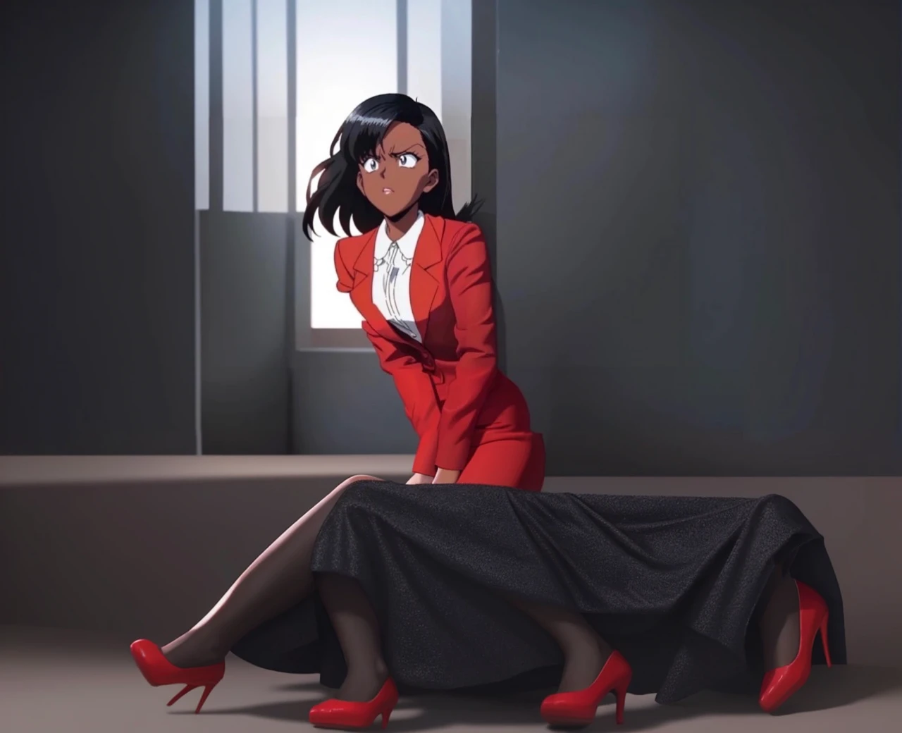 90s anime Evil black skinned business woman in a red suit and  red skirt and red heels and long red sleeves 