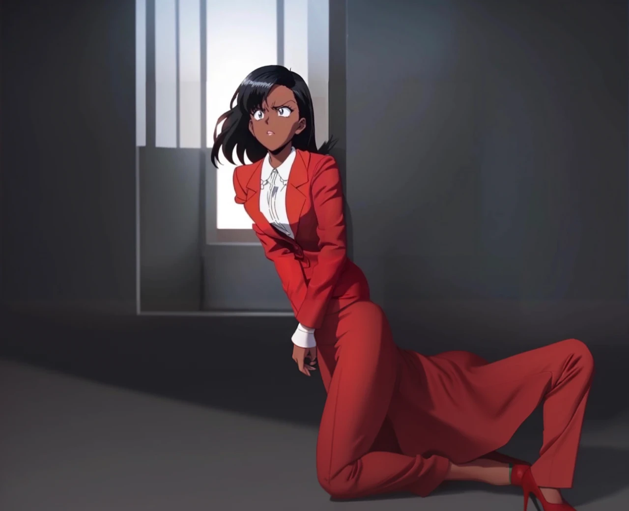 90s anime Evil black skinned business woman in a red suit and  red skirt and red heels and long red sleeves 