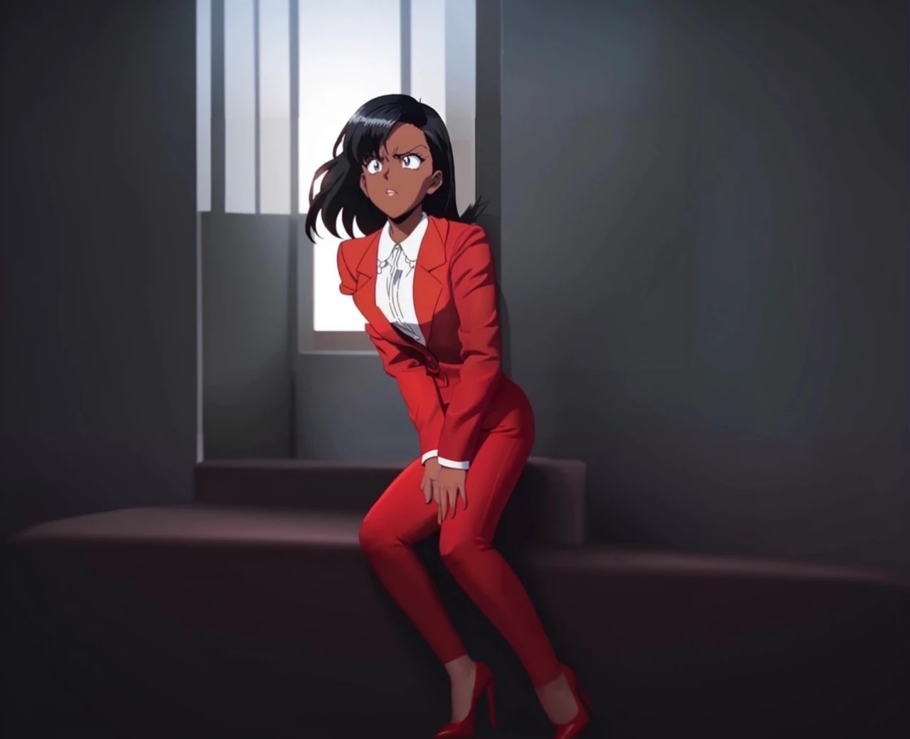 90s anime Evil black skinned business woman in a red suit and red skirt and red heels and long red sleeves
