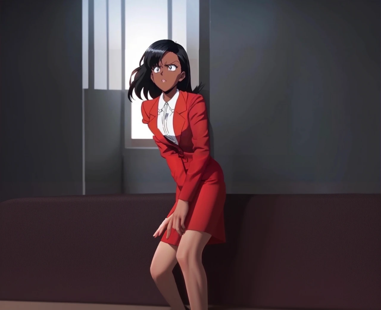 90s anime Evil black skinned business woman in a red suit and red skirt and red heels and long red sleeves