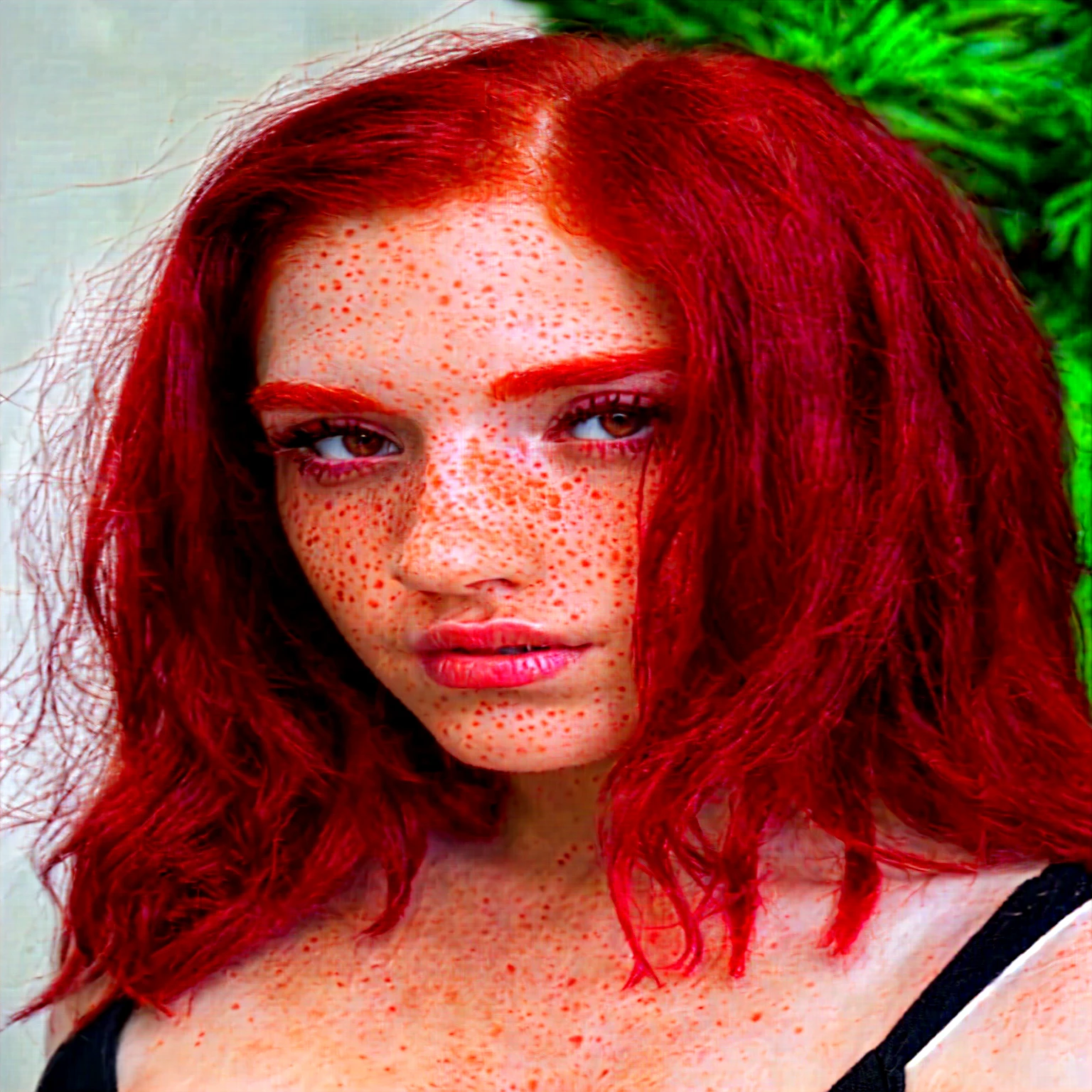 different poses of a woman with red hair and freckled skin; red hair and freckles; red cherry hair; alternative style; crimson hair; red hair and attractive features; red medium hair; cute freckles; dark red hair; brown eyes, siren eyes; black eyeliner; full hd; 8k; high definition; different images;