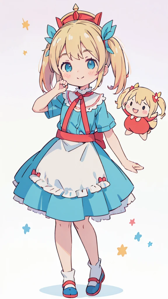 ((masterpiece))((Highest quality))girl、smile、blush、Flat Chest、Are thin、Blonde Hair、blush、Are standing、Whole body image、Eye level to the feet、front、No background、真frontのアングル、Blue clothes、Two-tone red and blue hair、Twin tails、Red Alice outfit